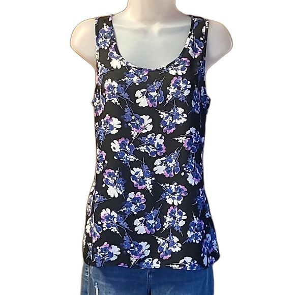 Express Split Open Back Tank Top Floral Scoop Neck Sleeveless Flower Blouse - Picture 1 of 17